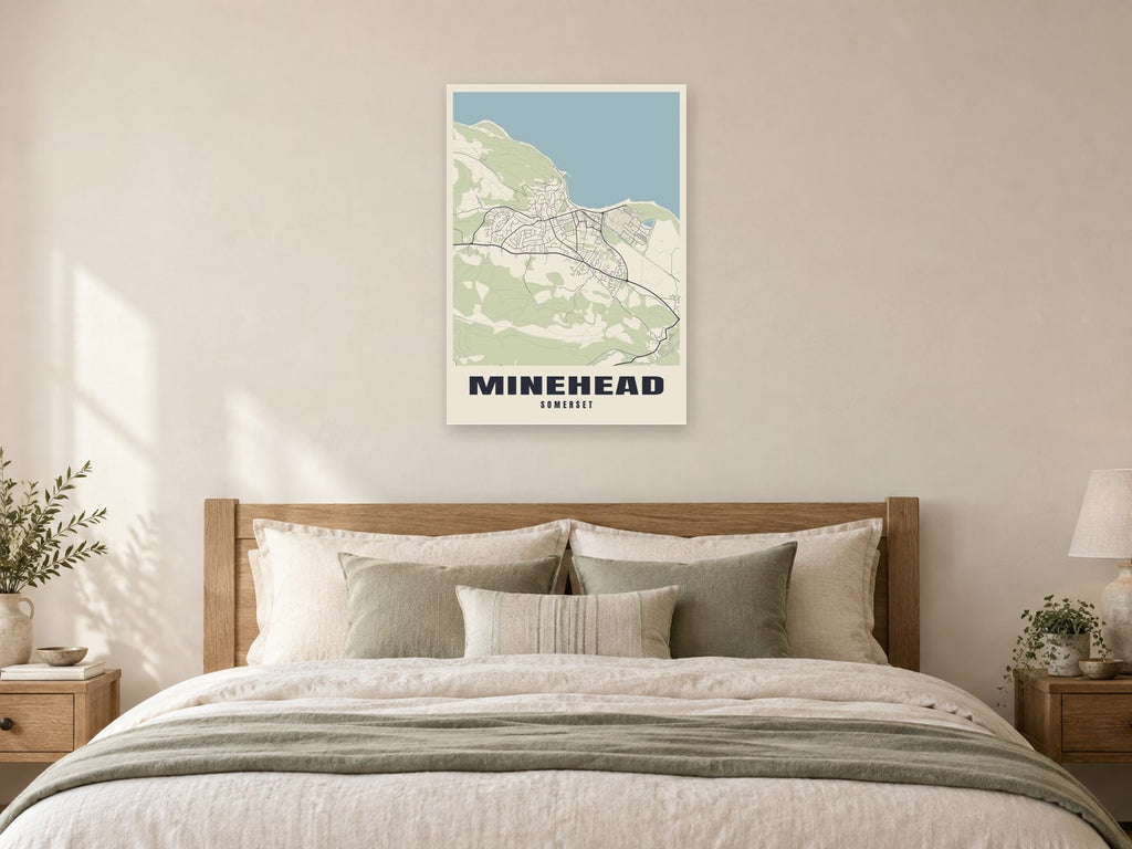 Minehead Street Map Poster at A1, as a poster, above a bed