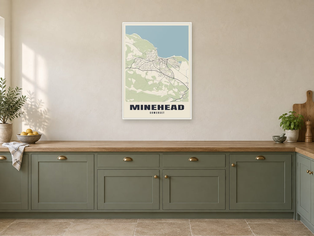 Minehead Street Map Poster at A1, in a white frame, in a kitchen