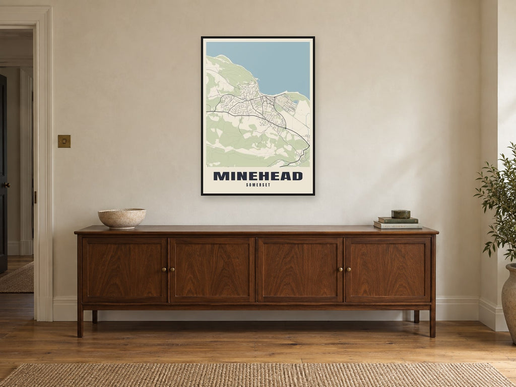 Minehead Street Map Poster at A1, in a black frame, above a sideboard