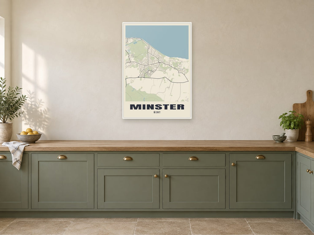 Minster Street Map Poster at A1, in a white frame, in a kitchen