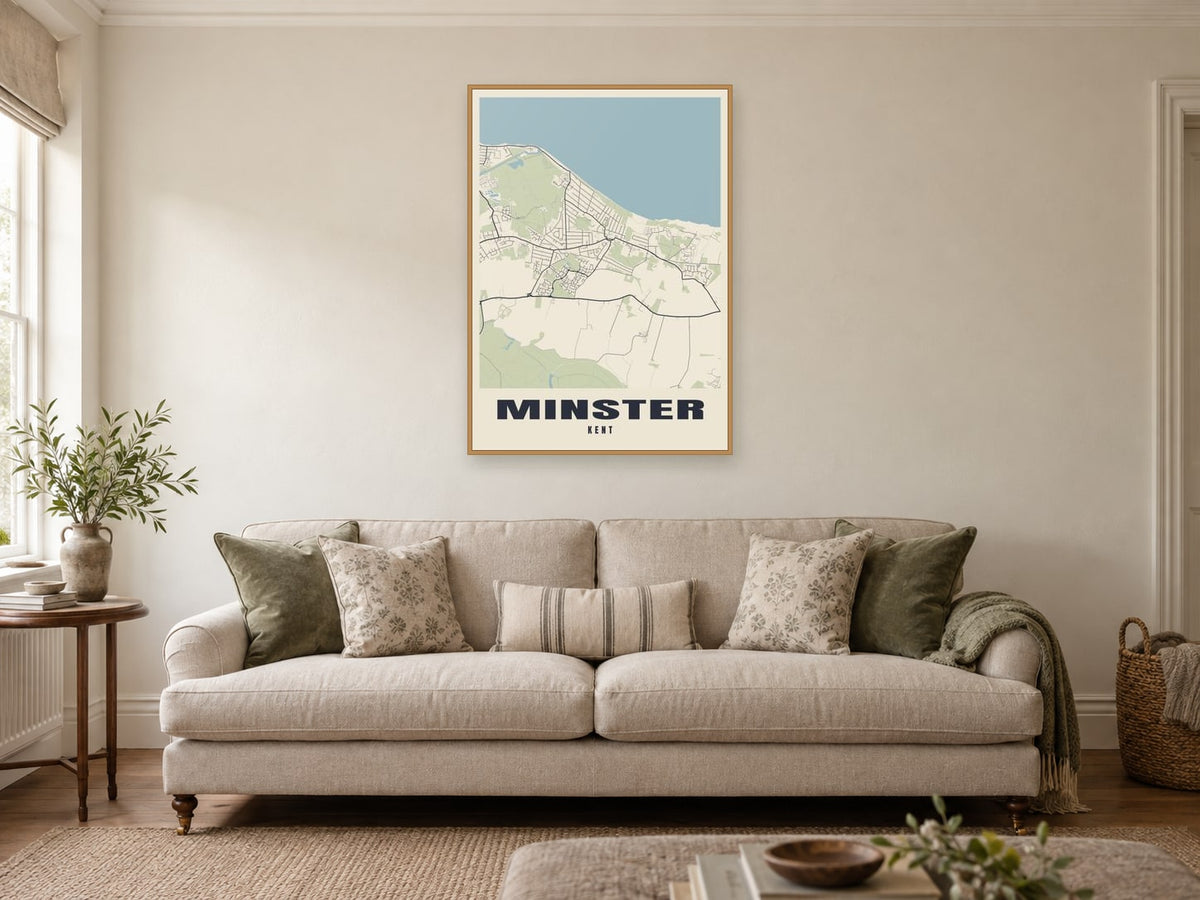 Minster Street Map Poster at A1, in a natural wood frame, in a sitting room