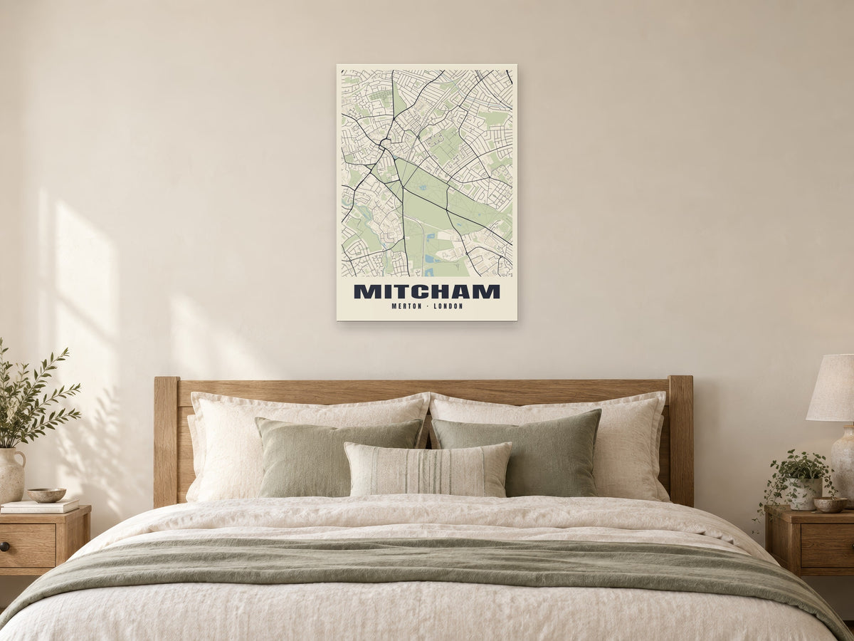 Mitcham Heritage Street Map Poster at A1, as a poster, above a bed