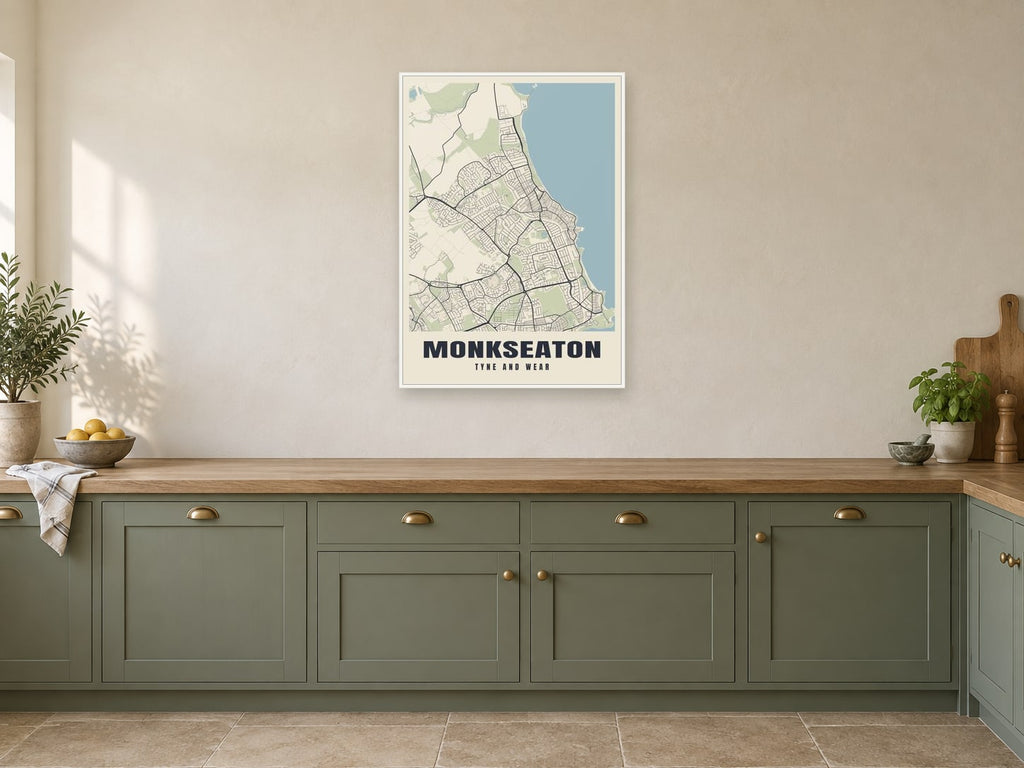 Monkseaton Street Map Poster at A1, in a white frame, in a kitchen
