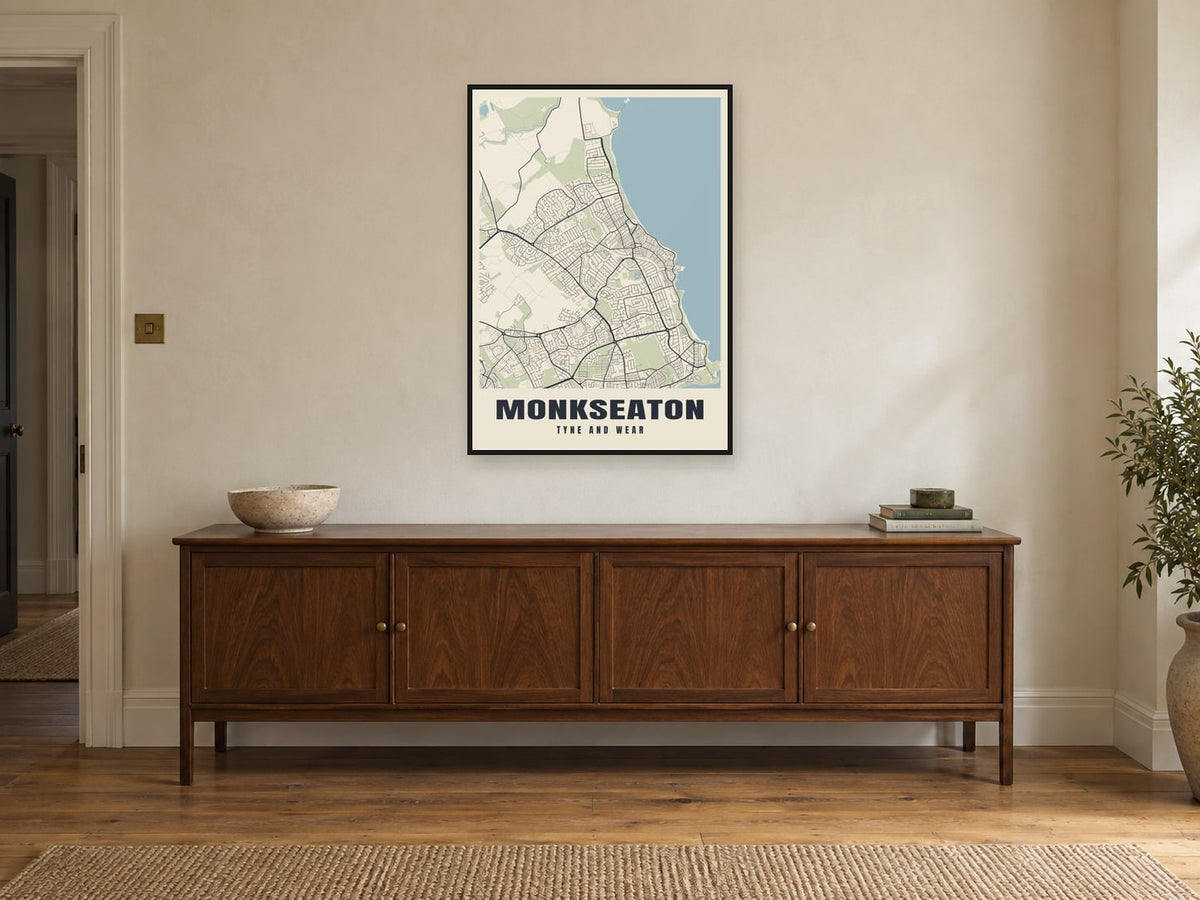 Monkseaton Street Map Poster at A1, in a black frame, above a sideboard