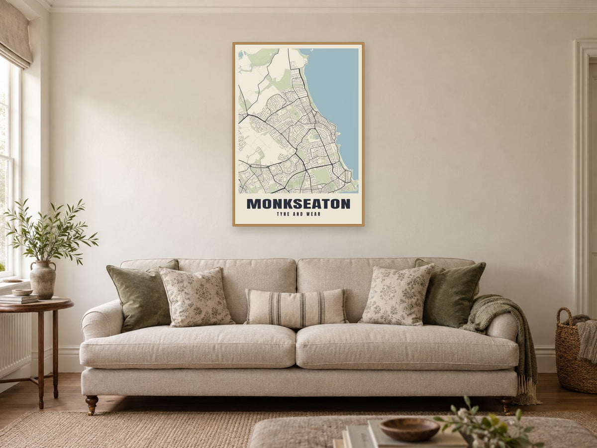 Monkseaton Street Map Poster at A1, in a natural wood frame, in a sitting room