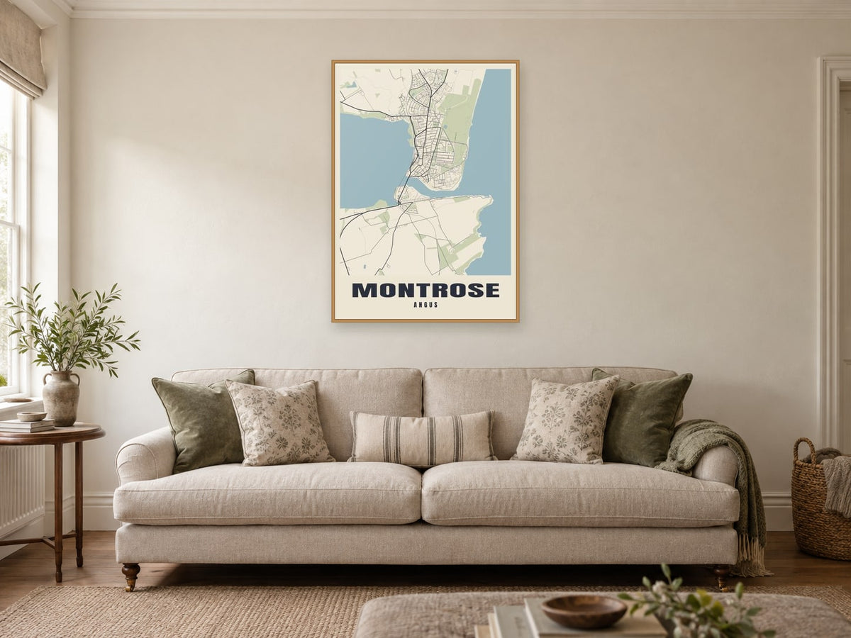 Montrose Street Map Poster at A1, in a natural wood frame, in a sitting room