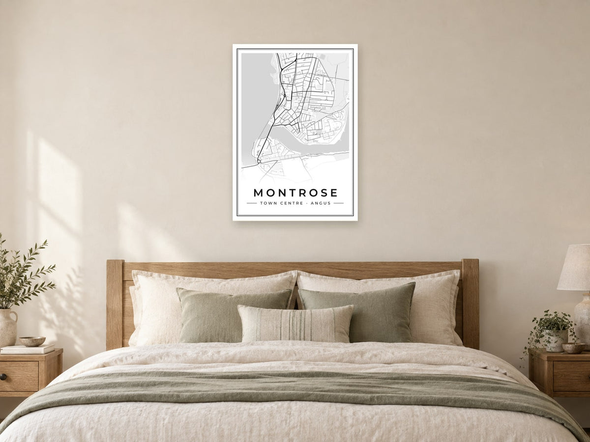 Montrose Town Centre Street Map Poster at A1, as a poster, above a bed