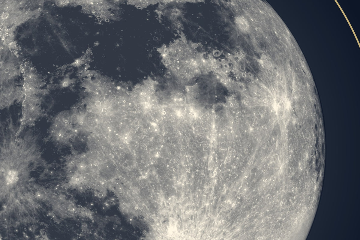 Close-up of the full moon poster at full print size: the craters and dark seas of the real moon