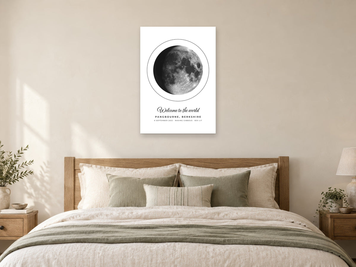 Moon phase poster of a waxing gibbous moon over Pangbourne in the Ink design, as a poster, above a bed
