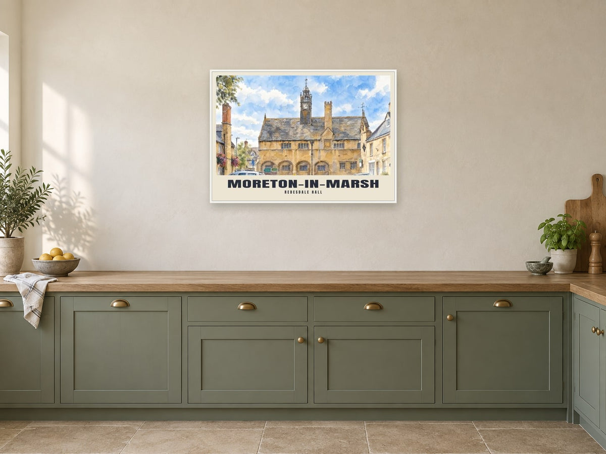 Redesdale Hall, Moreton-in-Marsh Poster at A1, in a white frame, in a kitchen