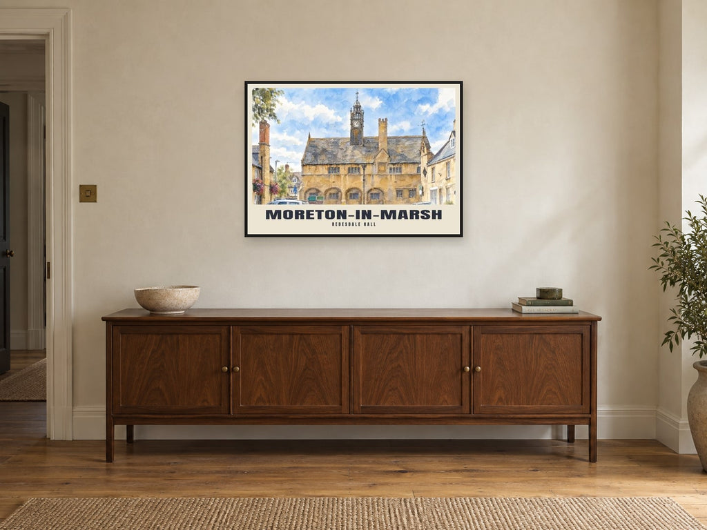 Redesdale Hall, Moreton-in-Marsh Poster at A1, in a black frame, above a sideboard