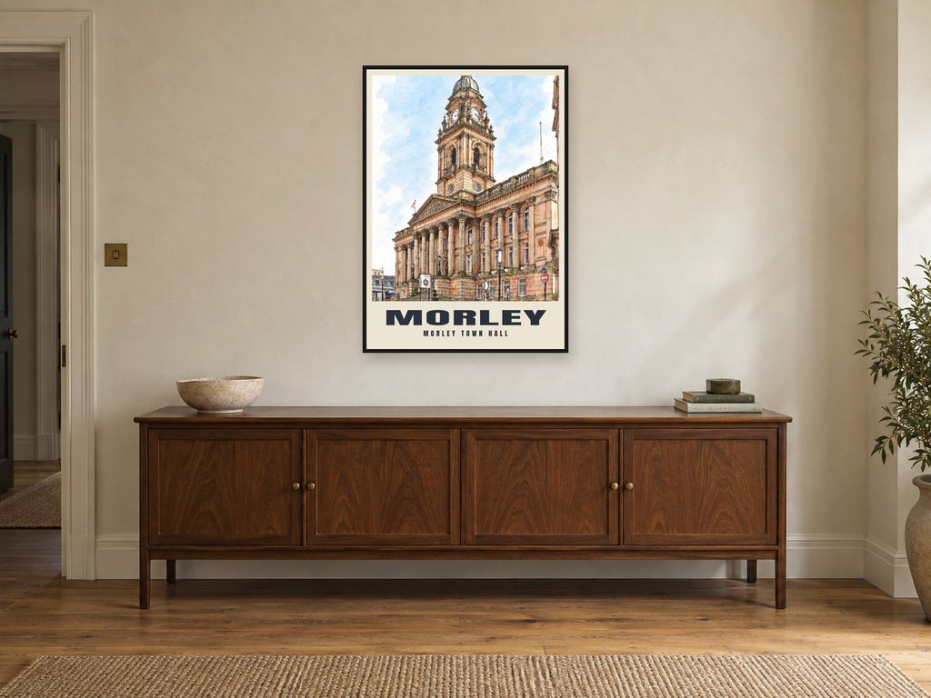 Morley Town Hall Poster at A1, in a black frame, above a sideboard