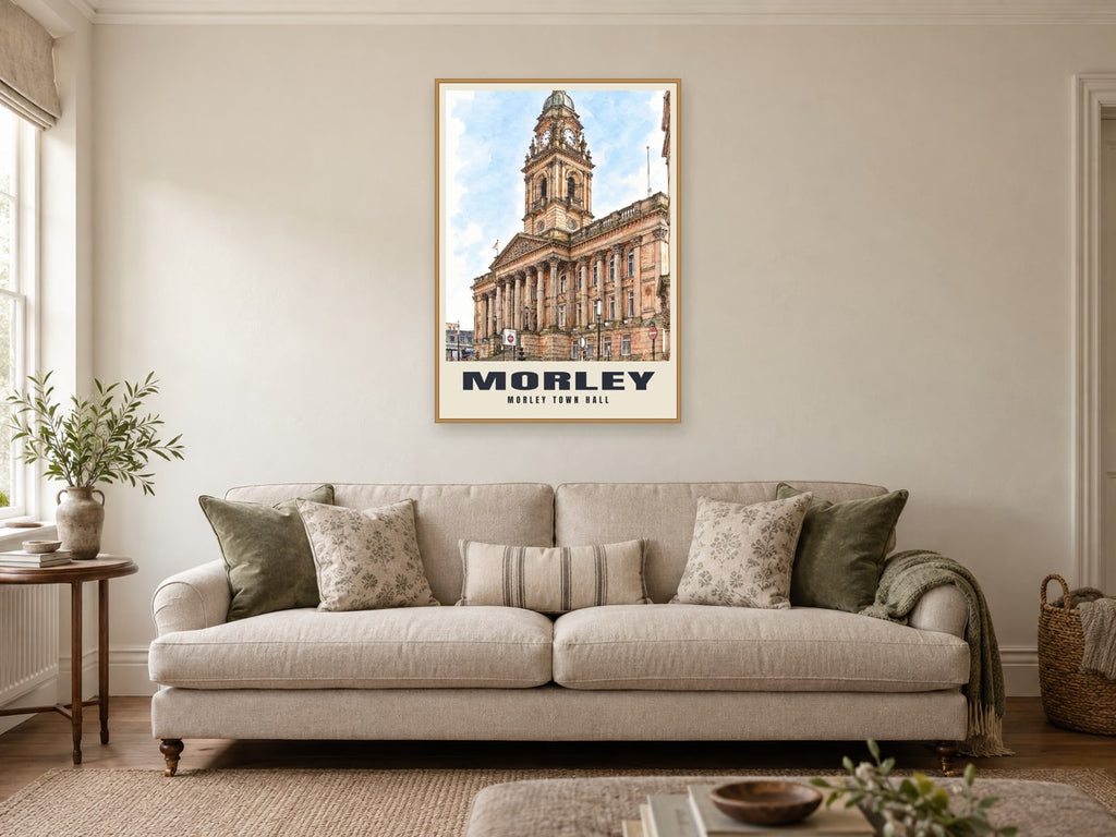 Morley Town Hall Poster at A1, in a natural wood frame, in a sitting room