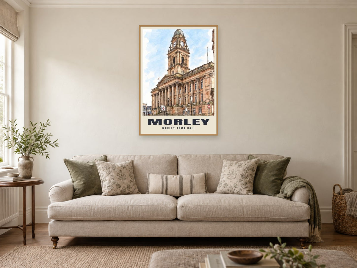 Morley Town Hall Poster at A1, in a natural wood frame, in a sitting room