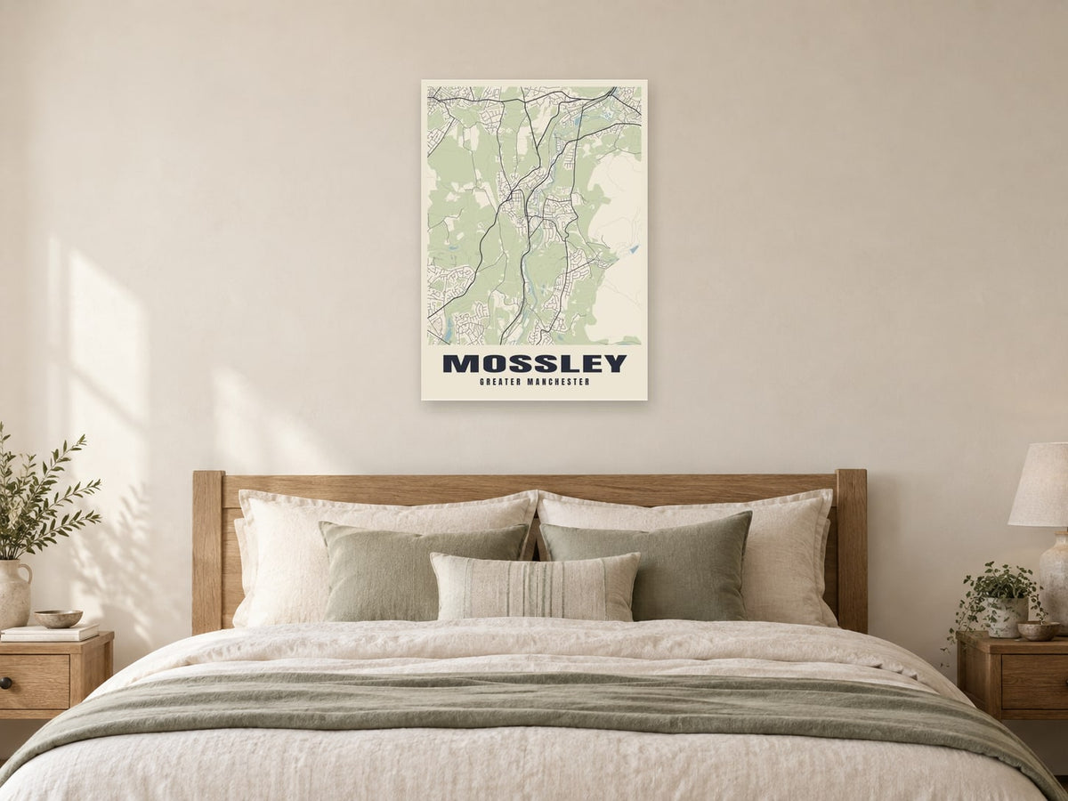 Mossley Street Map Poster at A1, as a poster, above a bed