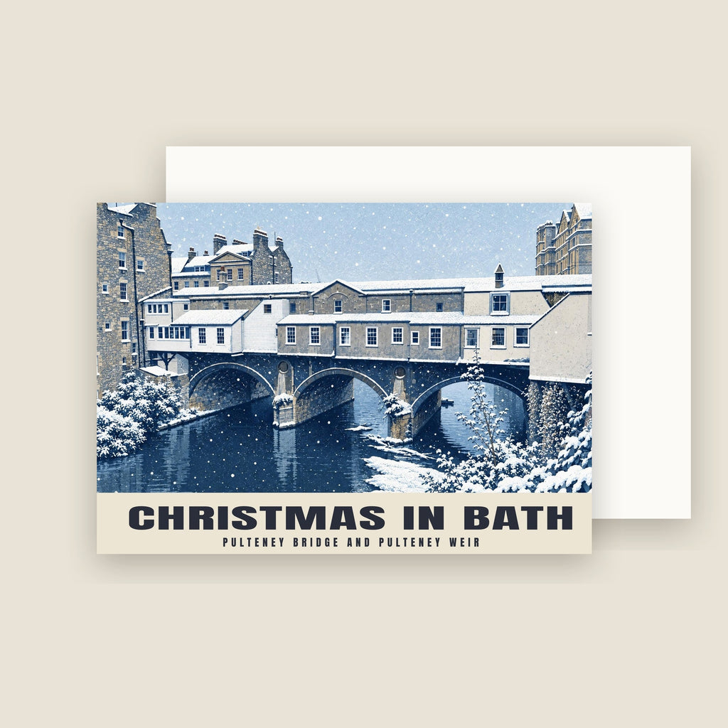 Pulteney Bridge and Pulteney Weir, Bath Christmas card with its envelope