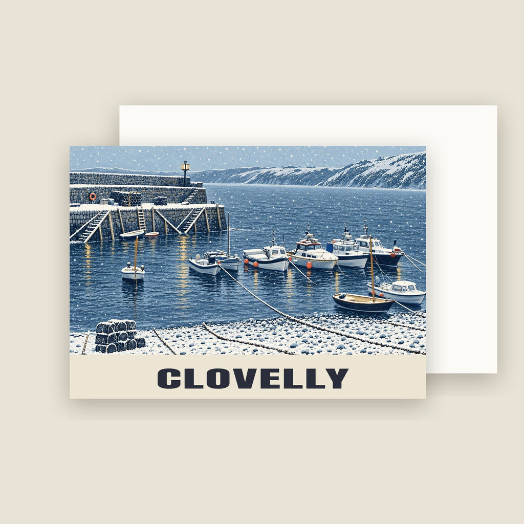 Clovelly Harbour Christmas card with its envelope