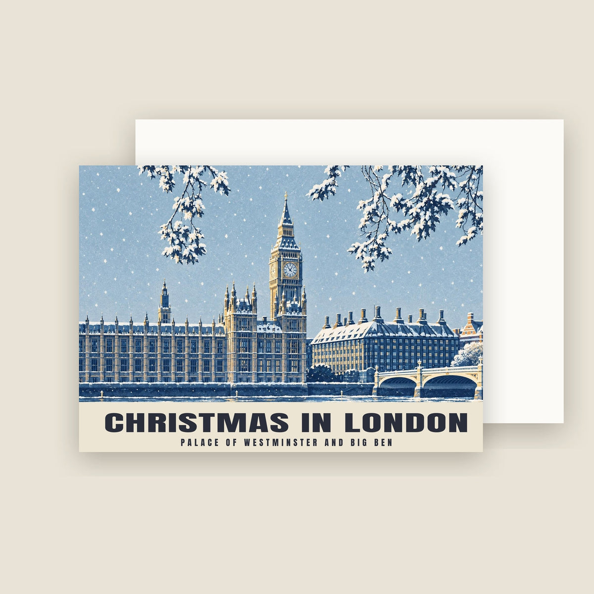 Palace of Westminster and Big Ben, London Christmas card with its envelope