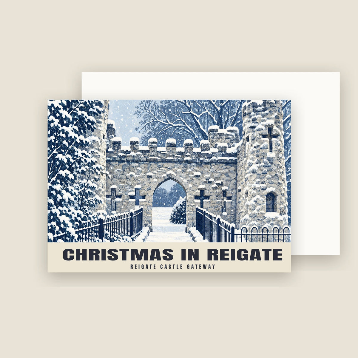 Reigate Castle Gateway Christmas card with its envelope