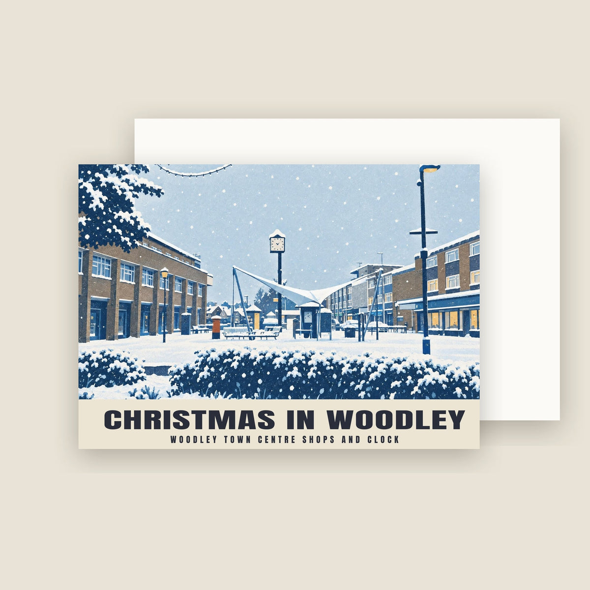 Woodley town centre shops and clock, Woodley Christmas card with its envelope