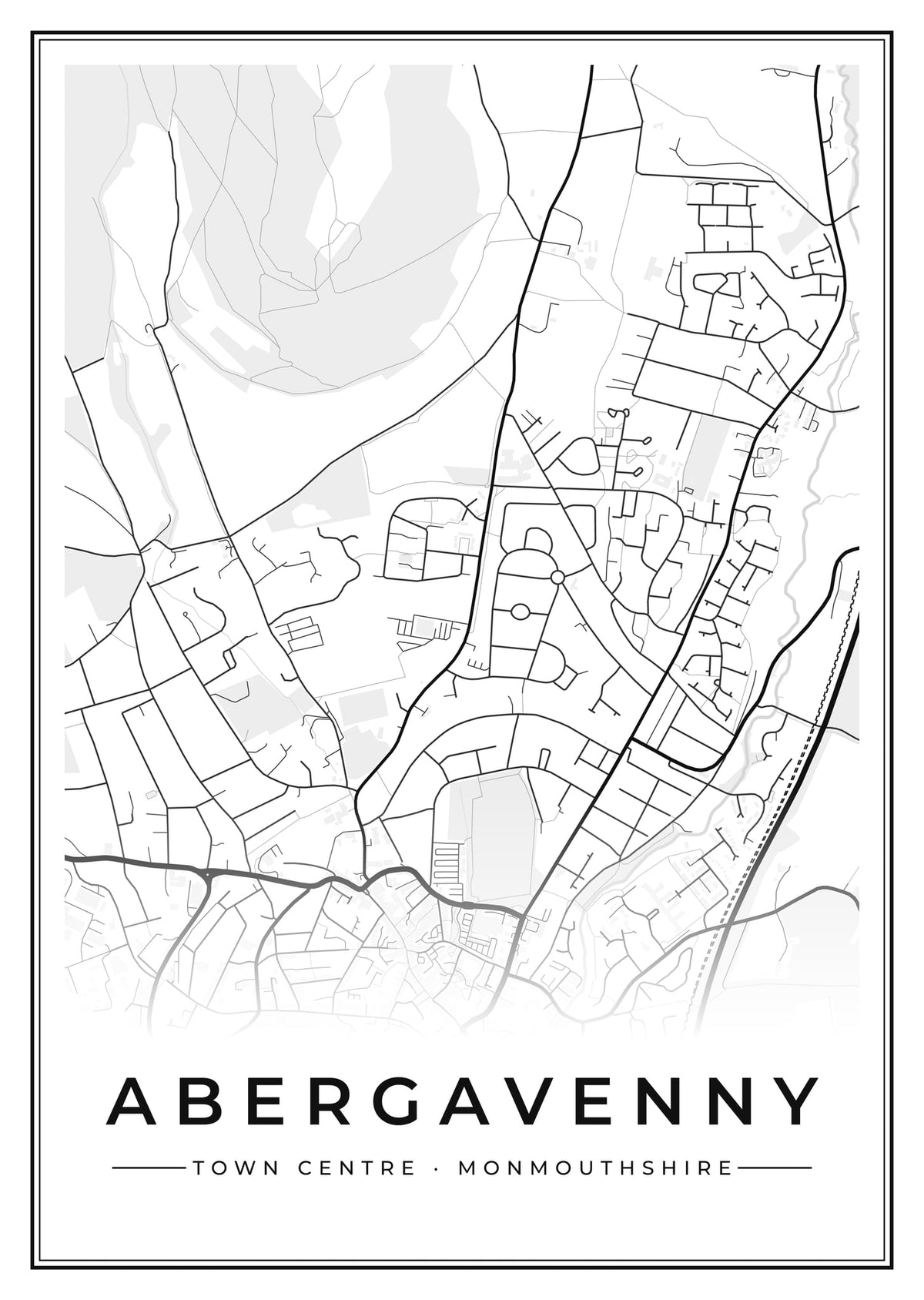 Street map poster of Abergavenny town centre, Monmouthshire