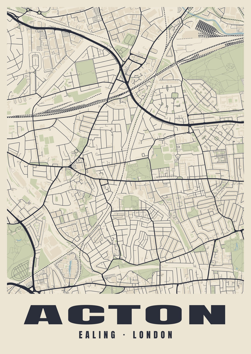 Heritage street map poster of Acton, Ealing, London