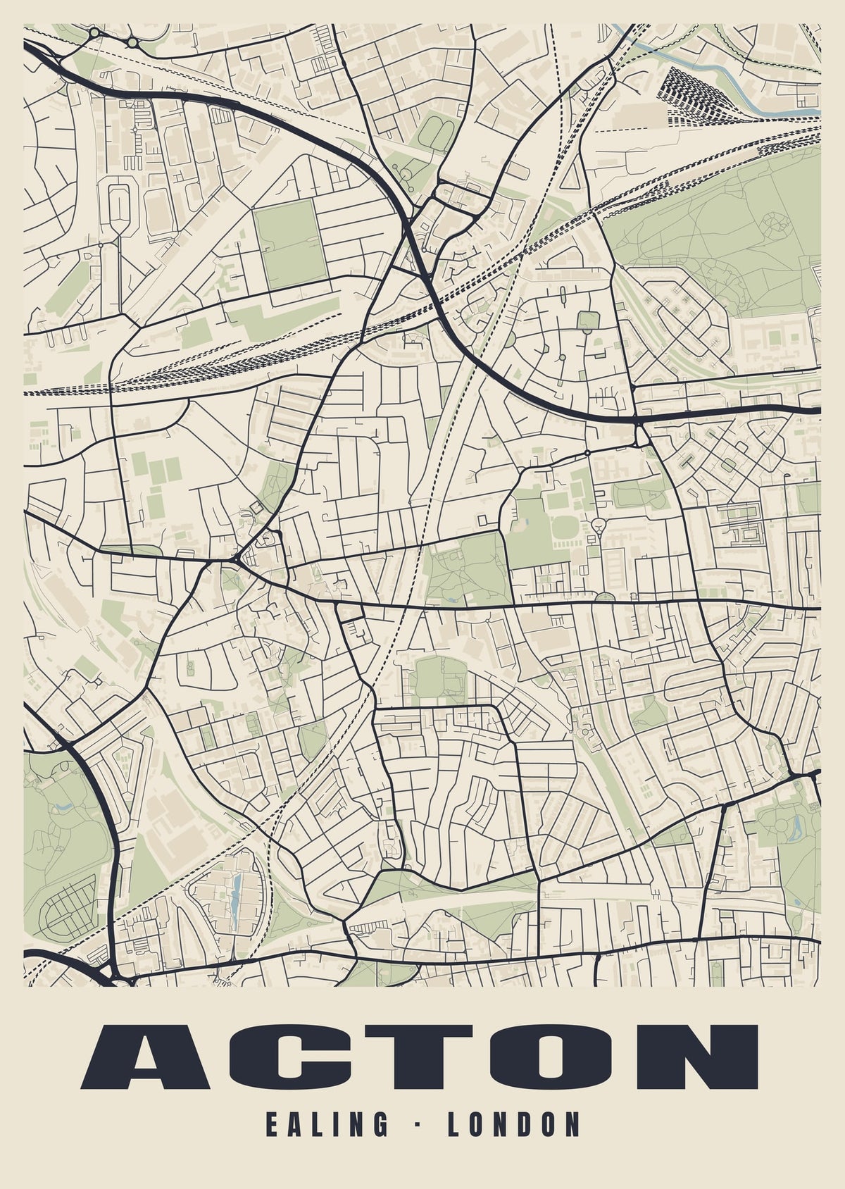 Heritage street map poster of Acton, Ealing, London