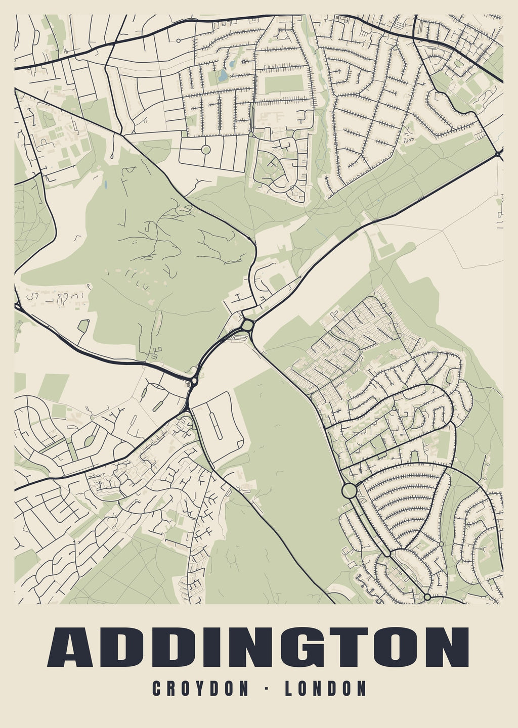 Heritage street map poster of Addington, Croydon, London