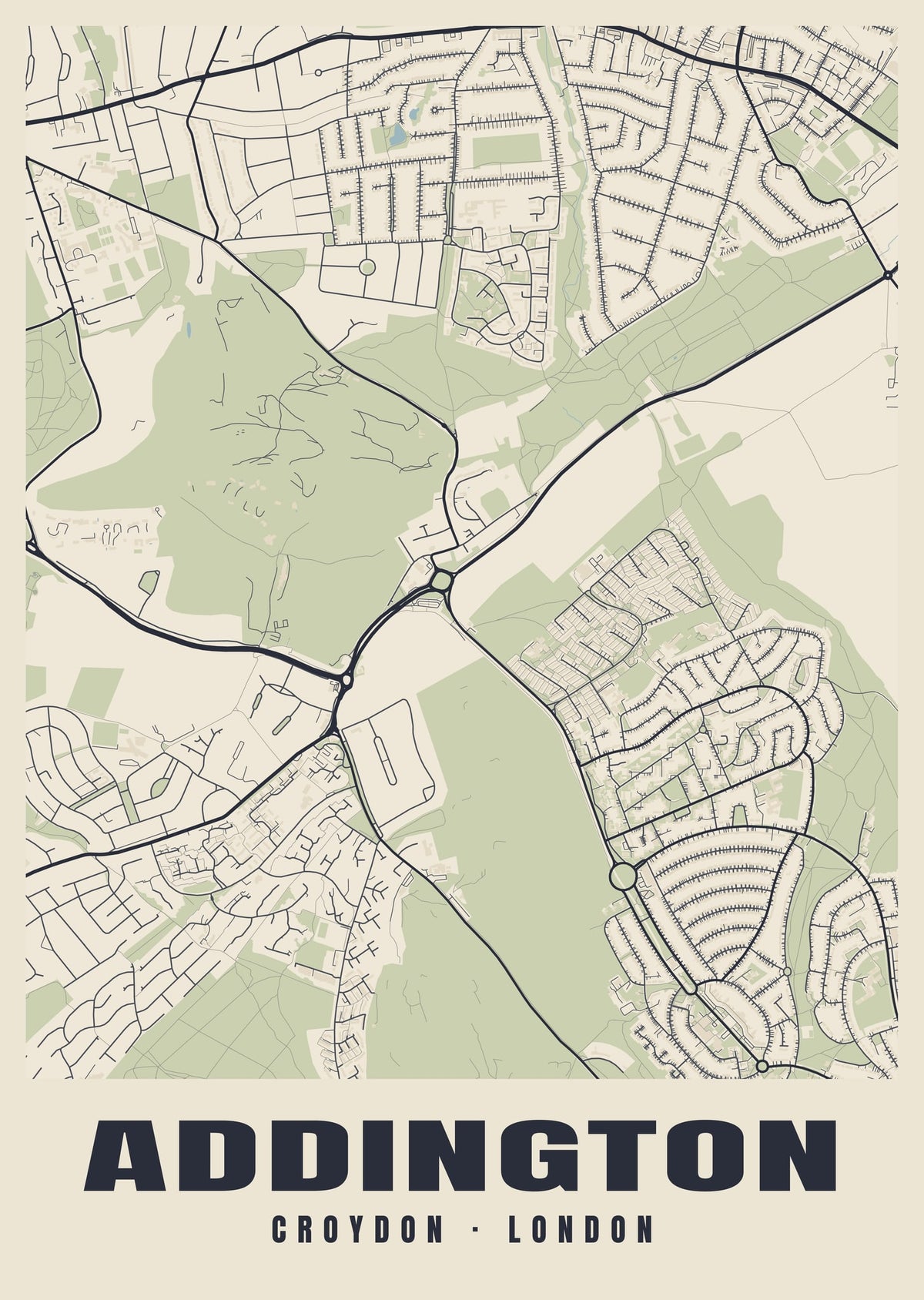 Heritage street map poster of Addington, Croydon, London