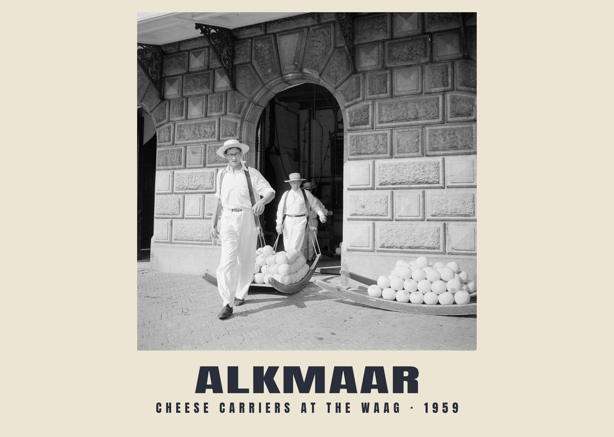 Cheese carriers at the Waag, Alkmaar — Historic photograph print, 1959