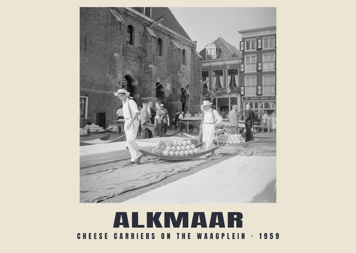 Cheese carriers on the Waagplein, Alkmaar — Historic photograph print, 1959