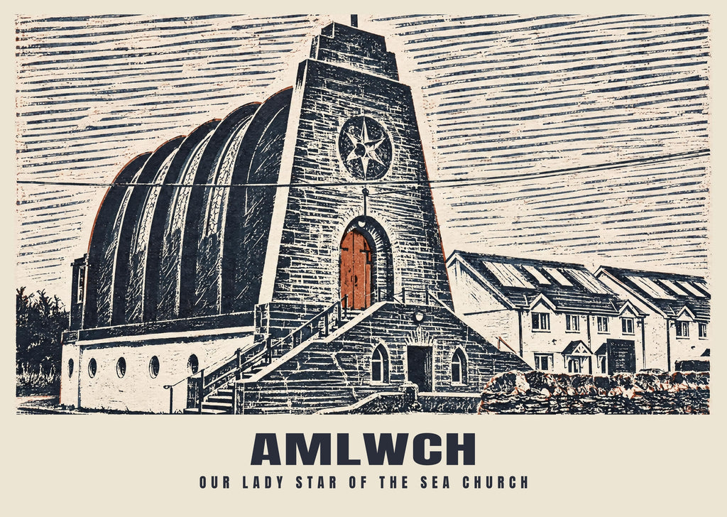 Our Lady Star of the Sea Church, Amlwch poster, Linocut style