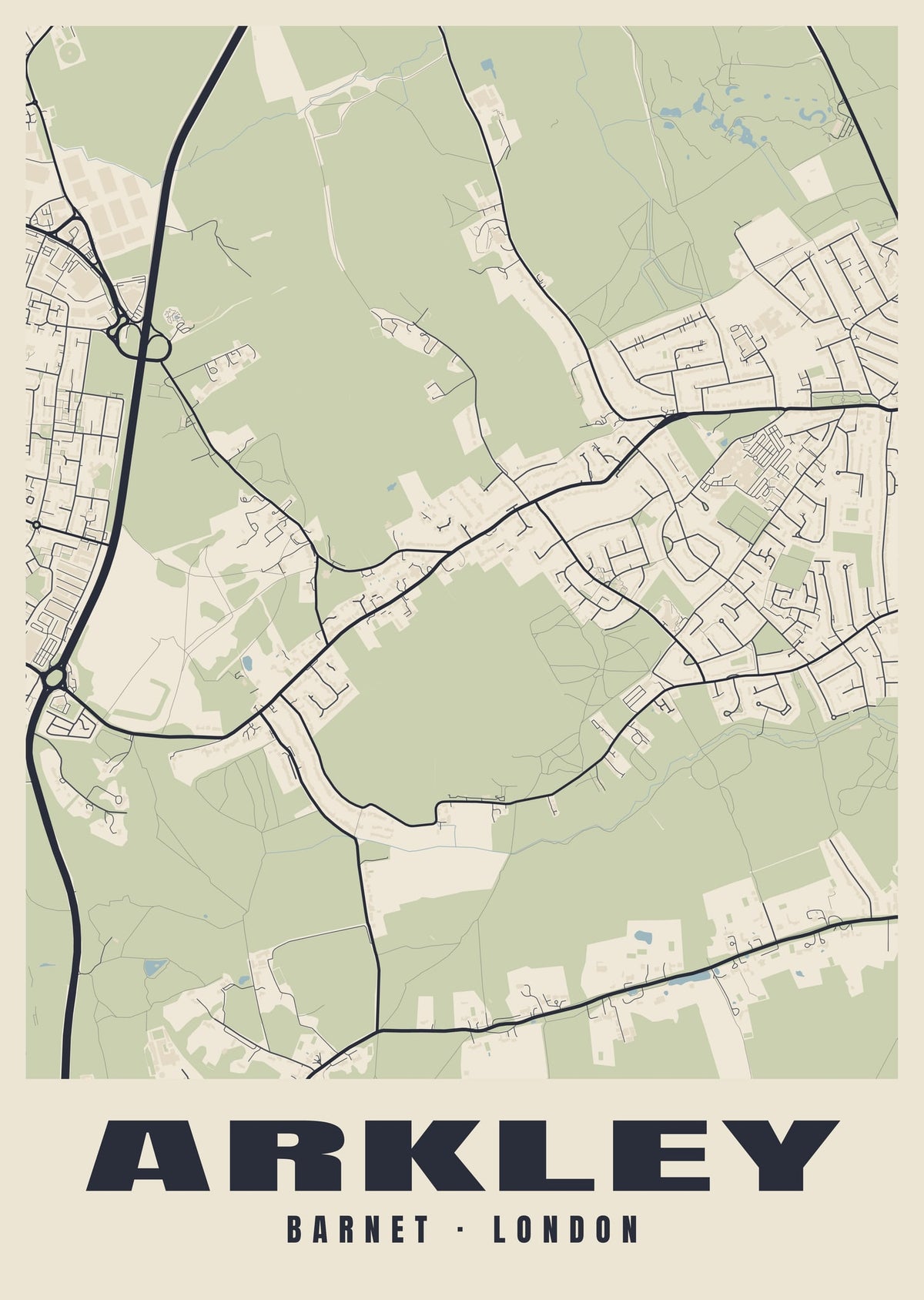 Heritage street map poster of Arkley, Barnet, London