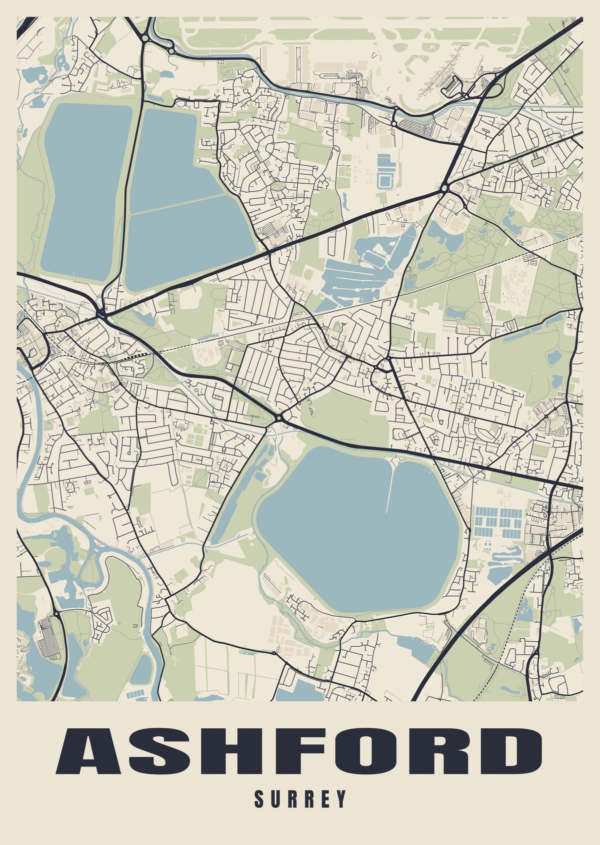 Street map poster of Ashford, Surrey