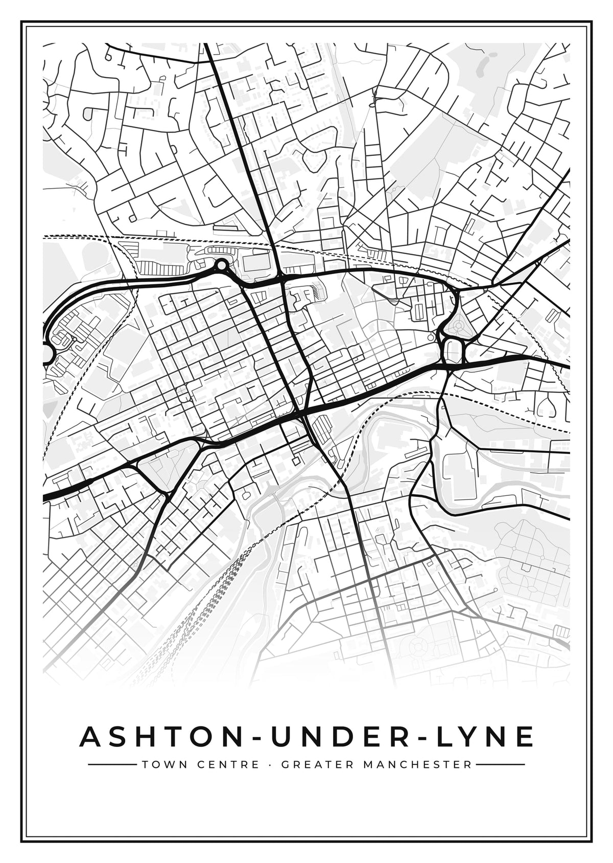 Street map poster of Ashton-under-Lyne town centre, Greater Manchester