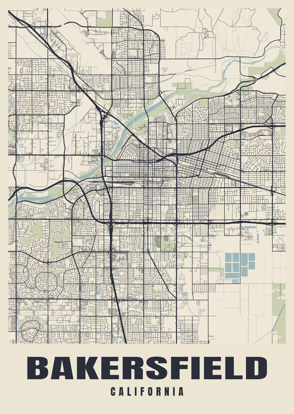 Street map poster of Bakersfield, California
