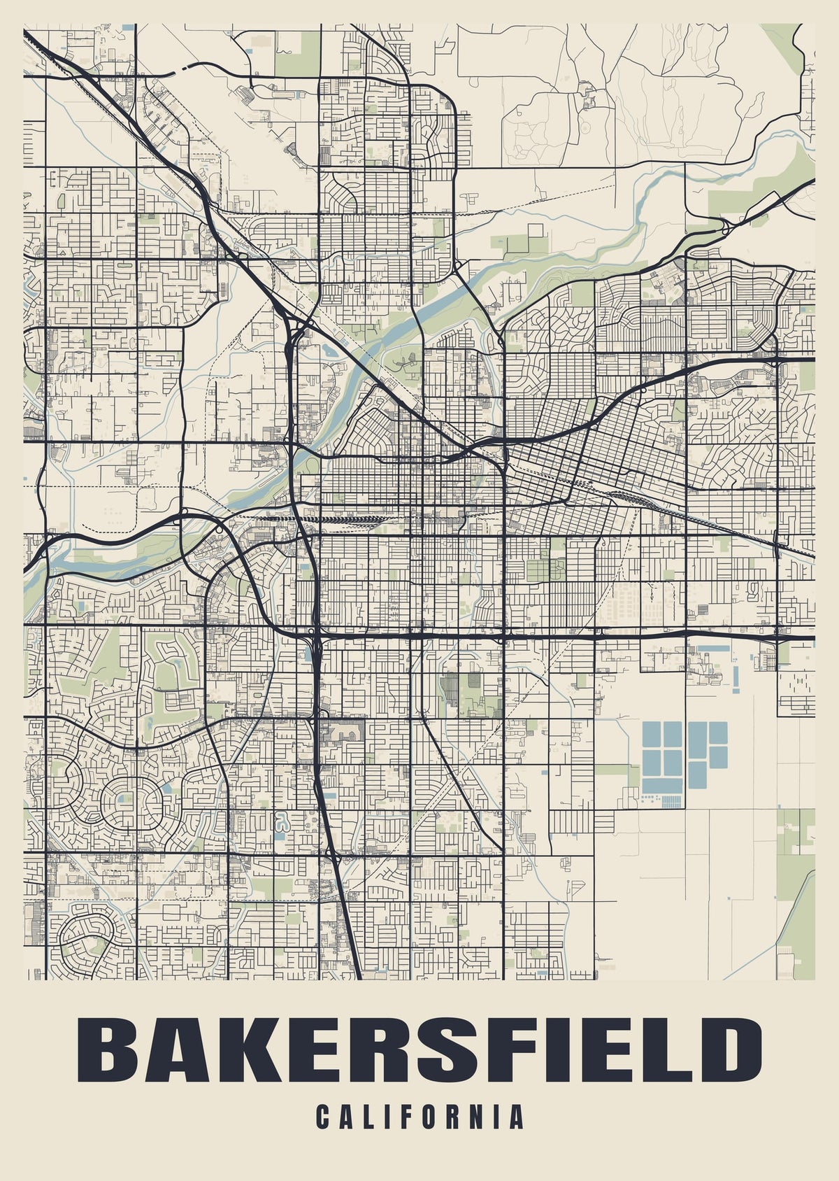 Street map poster of Bakersfield, California