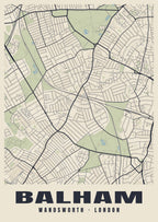 Heritage street map poster of Balham, Wandsworth, London