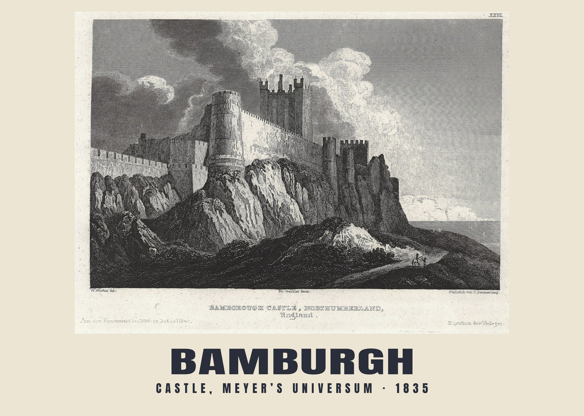 Castle, Meyer’s Universum, Bamburgh — Historic engraving reproduction, 1835