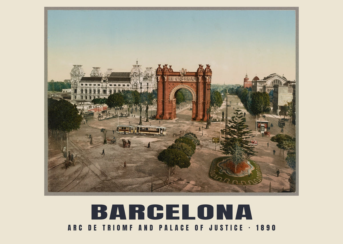 Arc de Triomf y Palacio de Justicia, Barcelona — 1890 · Lámina de fotocromo antiguo