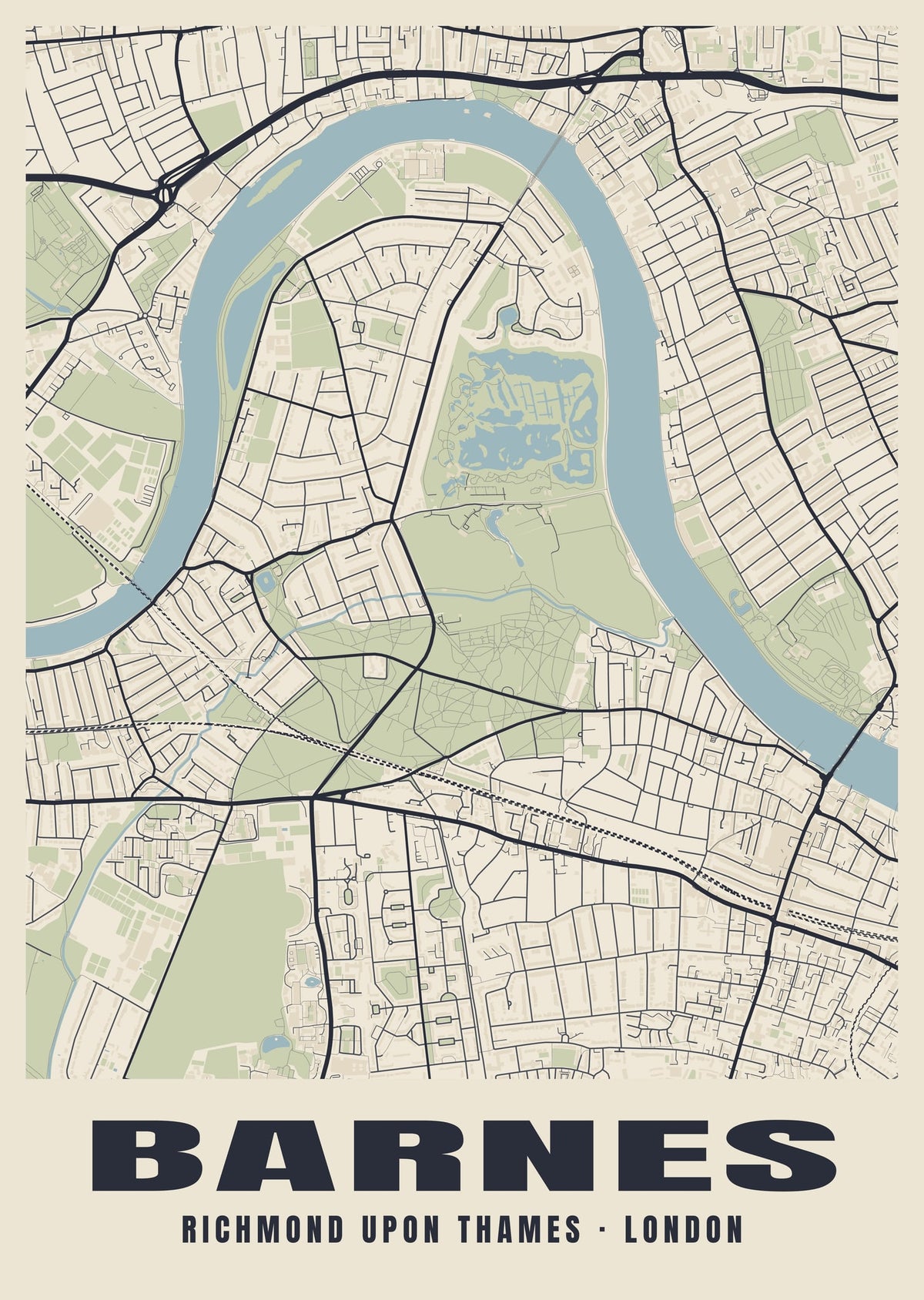 Heritage street map poster of Barnes, Richmond upon Thames, London