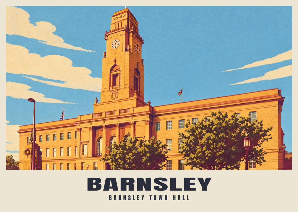 Barnsley Town Hall poster, Retro Railway style