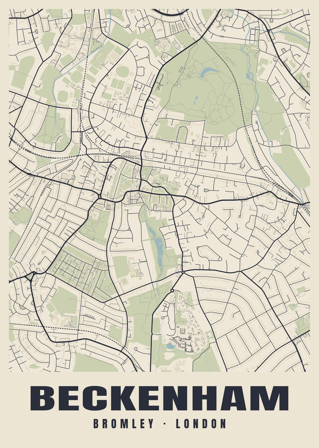 Heritage street map poster of Beckenham, Bromley, London