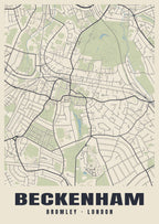 Heritage street map poster of Beckenham, Bromley, London