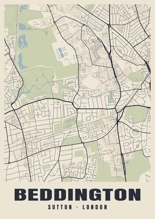 Heritage street map poster of Beddington, Sutton, London