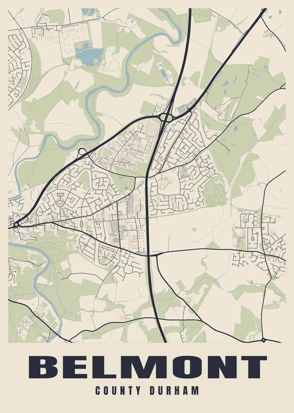 Street map poster of Belmont, County Durham