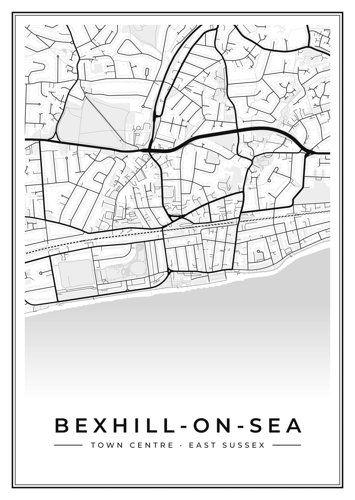 Street map poster of Bexhill-on-Sea town centre, East Sussex