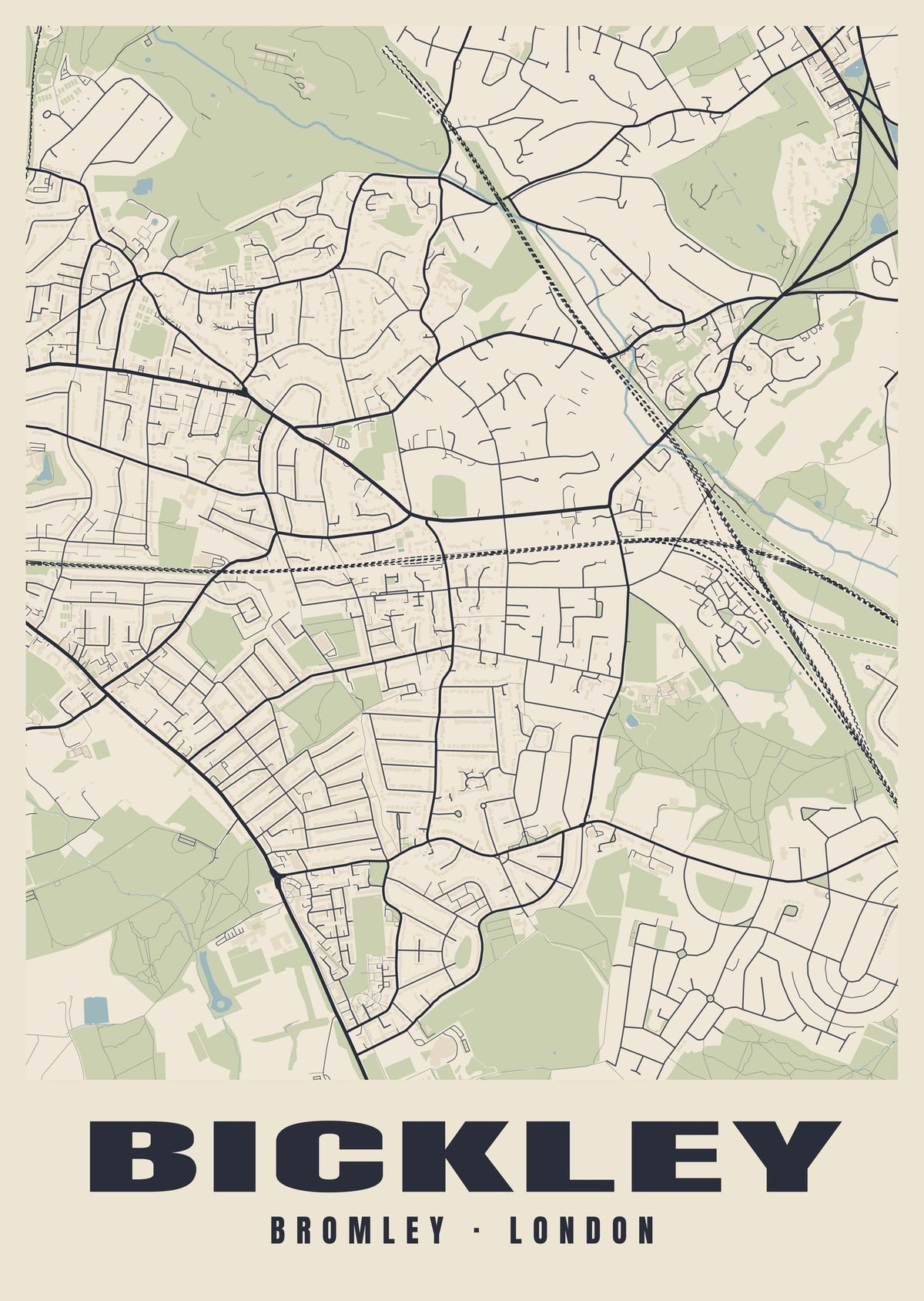 Heritage street map poster of Bickley, Bromley, London