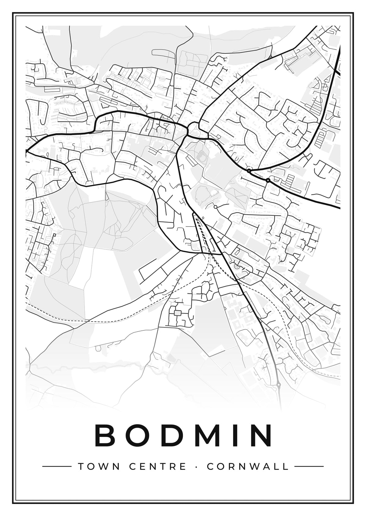 Street map poster of Bodmin town centre, Cornwall