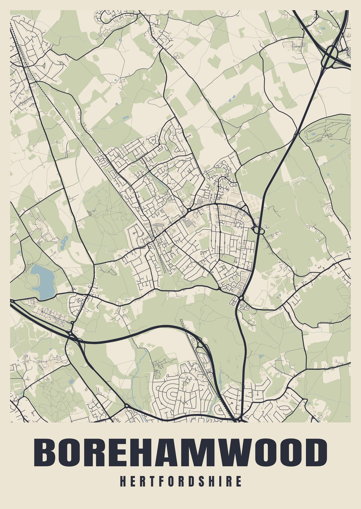 Street map poster of Borehamwood, Hertfordshire